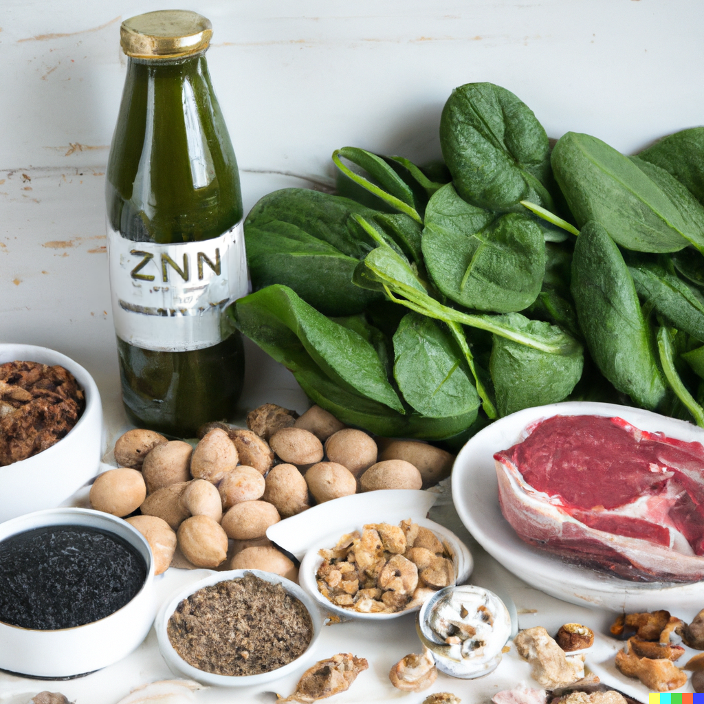 An assortment of zinc-rich foods including, beef, spinach, seeds, nuts, and whole grains, displayed artistically alongside a bottle of zinc supplements, symbolizing the role of dietary and supplemental zinc in bone healing