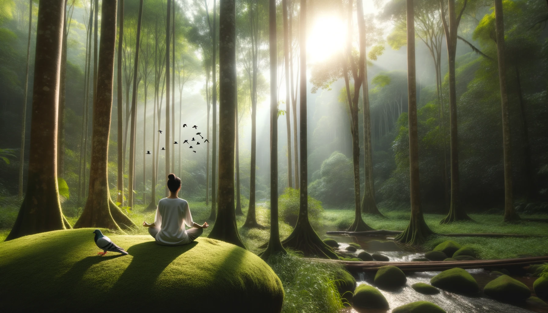 Person of Asian descent meditating amidst tall trees with soft sunlight, seated on a moss-covered rock near a gentle stream