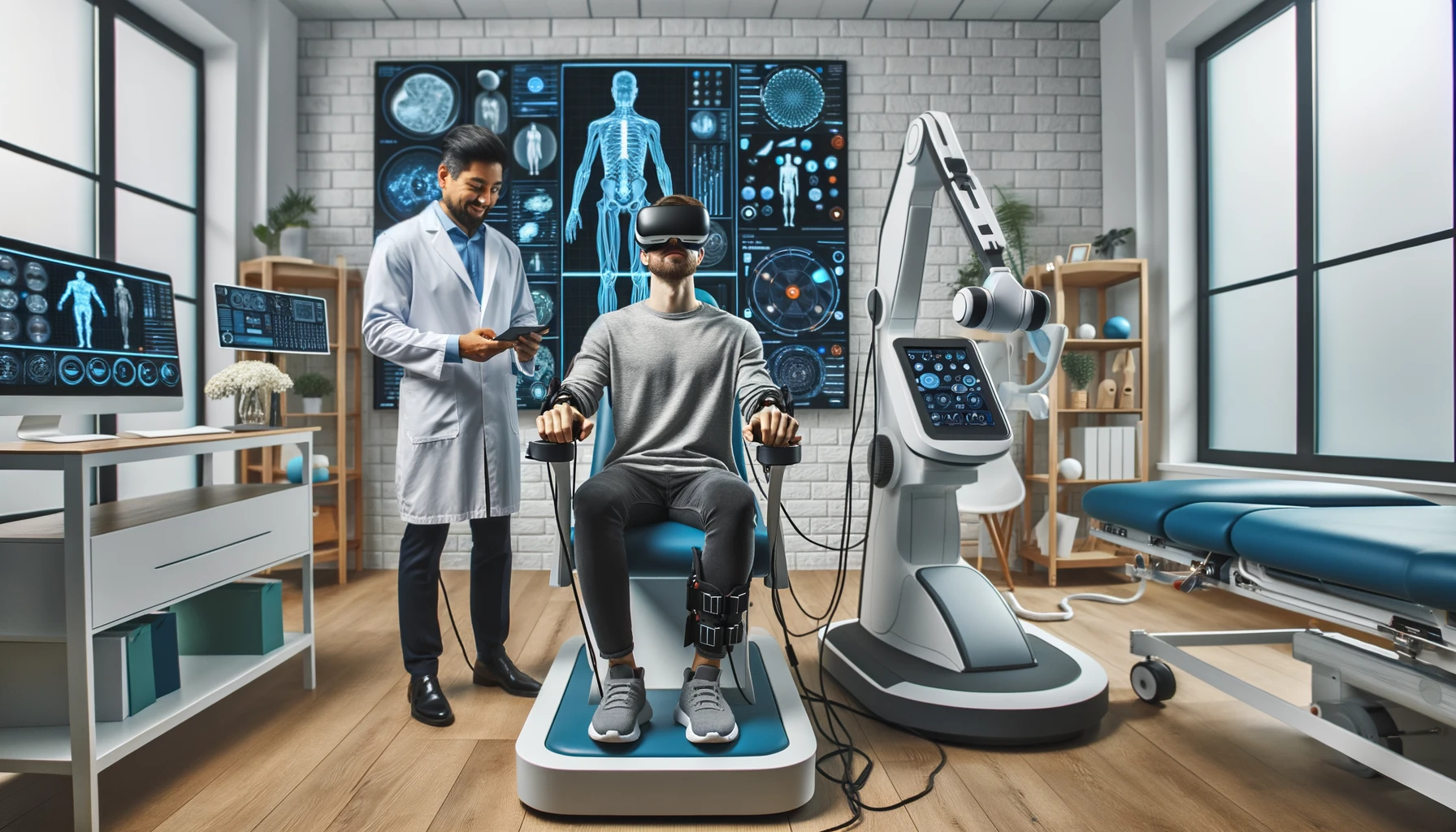 Patient of European descent using a VR headset in a modern rehabilitation center, while a therapist of South Asian descent monitors progress on a high-tech touchscreen panel, illustrating the blend of traditional therapy and innovative technology.