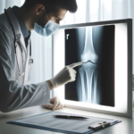 A doctor examining an X-ray of a fractured bone on a lightbox with a transparent banner and article title.