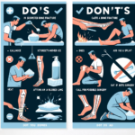 Educational illustration showing the do's and don'ts in case of a suspected bone fracture. On the left, depicting the 'Do's': a person calmly applying ice to an injured limb, using a splint, and calling for medical help. On the right, illustrating the 'Don'ts': a figure incorrectly moving the injured limb, applying heat, and eating before possible surgery. The image is designed to be clear, simple, and instructional for an article on first aid for fractures