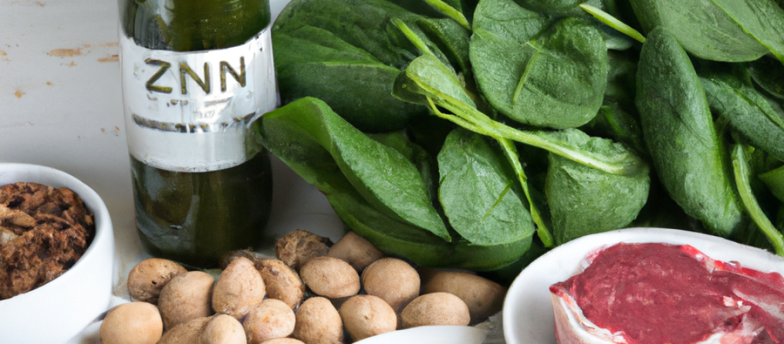 An assortment of zinc-rich foods including, beef, spinach, seeds, nuts, and whole grains, displayed artistically alongside a bottle of zinc supplements, symbolizing the role of dietary and supplemental zinc in bone healing