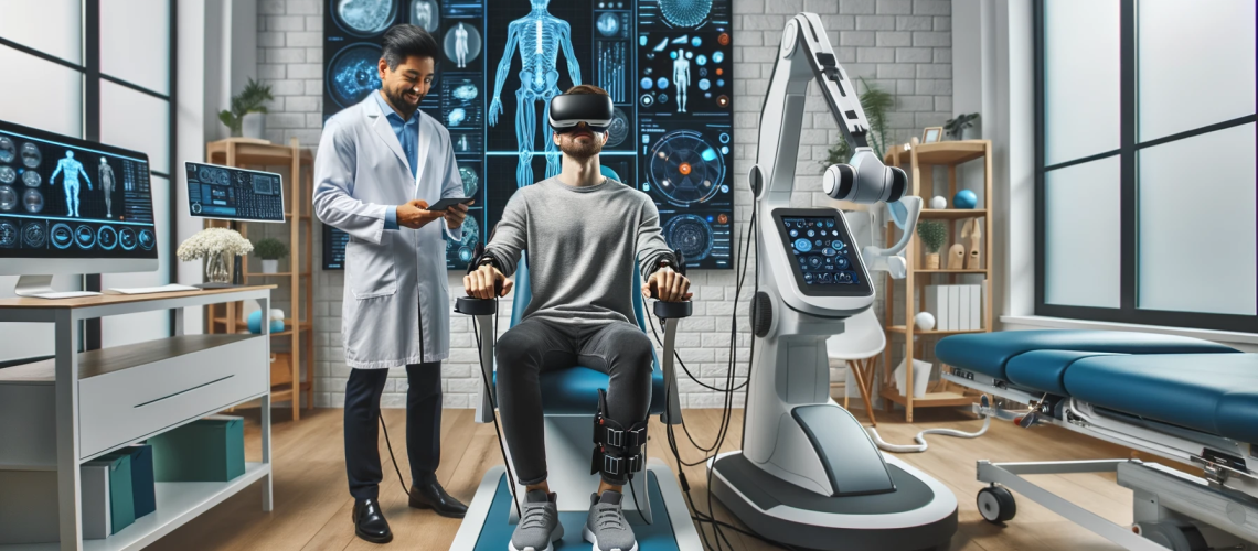 Patient of European descent using a VR headset in a modern rehabilitation center, while a therapist of South Asian descent monitors progress on a high-tech touchscreen panel, illustrating the blend of traditional therapy and innovative technology.