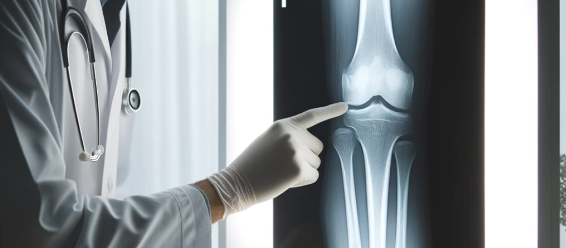 A doctor examining an X-ray of a fractured bone on a lightbox with a transparent banner and article title.