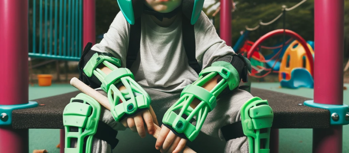 Child playing safely in a playground with protective gear, emphasizing the prevention of fractures.