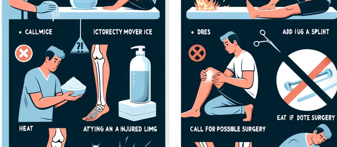 Educational illustration showing the do's and don'ts in case of a suspected bone fracture. On the left, depicting the 'Do's': a person calmly applying ice to an injured limb, using a splint, and calling for medical help. On the right, illustrating the 'Don'ts': a figure incorrectly moving the injured limb, applying heat, and eating before possible surgery. The image is designed to be clear, simple, and instructional for an article on first aid for fractures